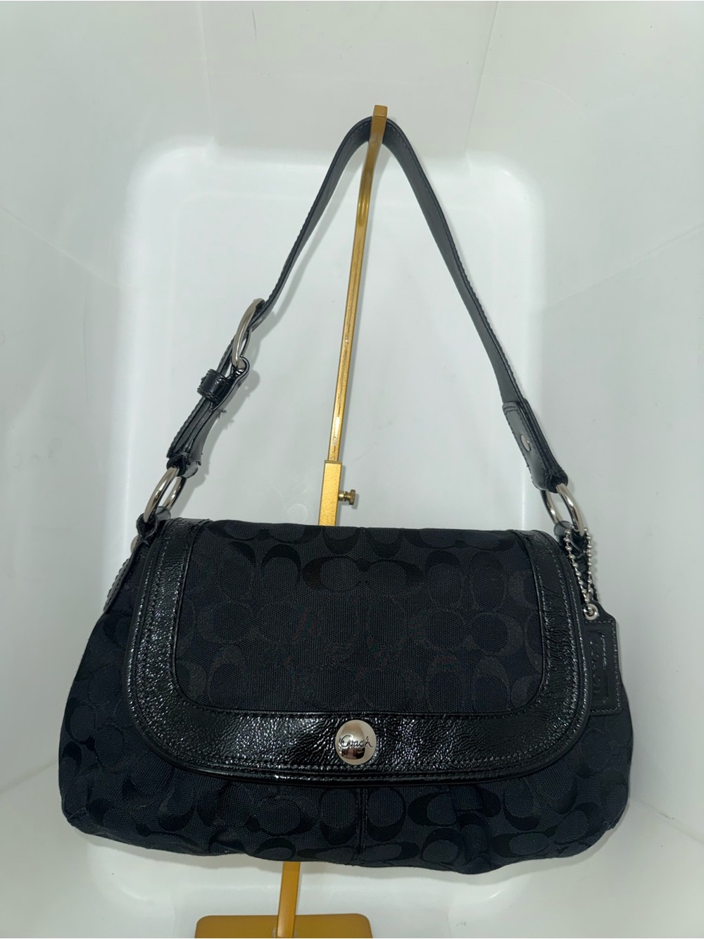 COACH Soho Signature Canvas Shoulder Bag Black Silver F13739